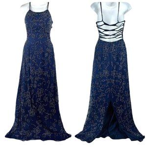 Vintage 100% Silk Navy blue beaded evening gown. Size Small.